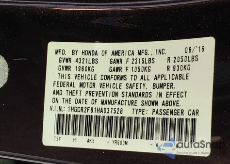 2017 Honda Accord Ex-L z USA, uszkodzony, nr VIN 1HGCR2F81HA037528